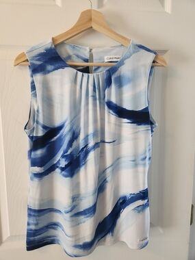 Calvin Klein Blue & White Abstract Brushstroke Sleeveless Top